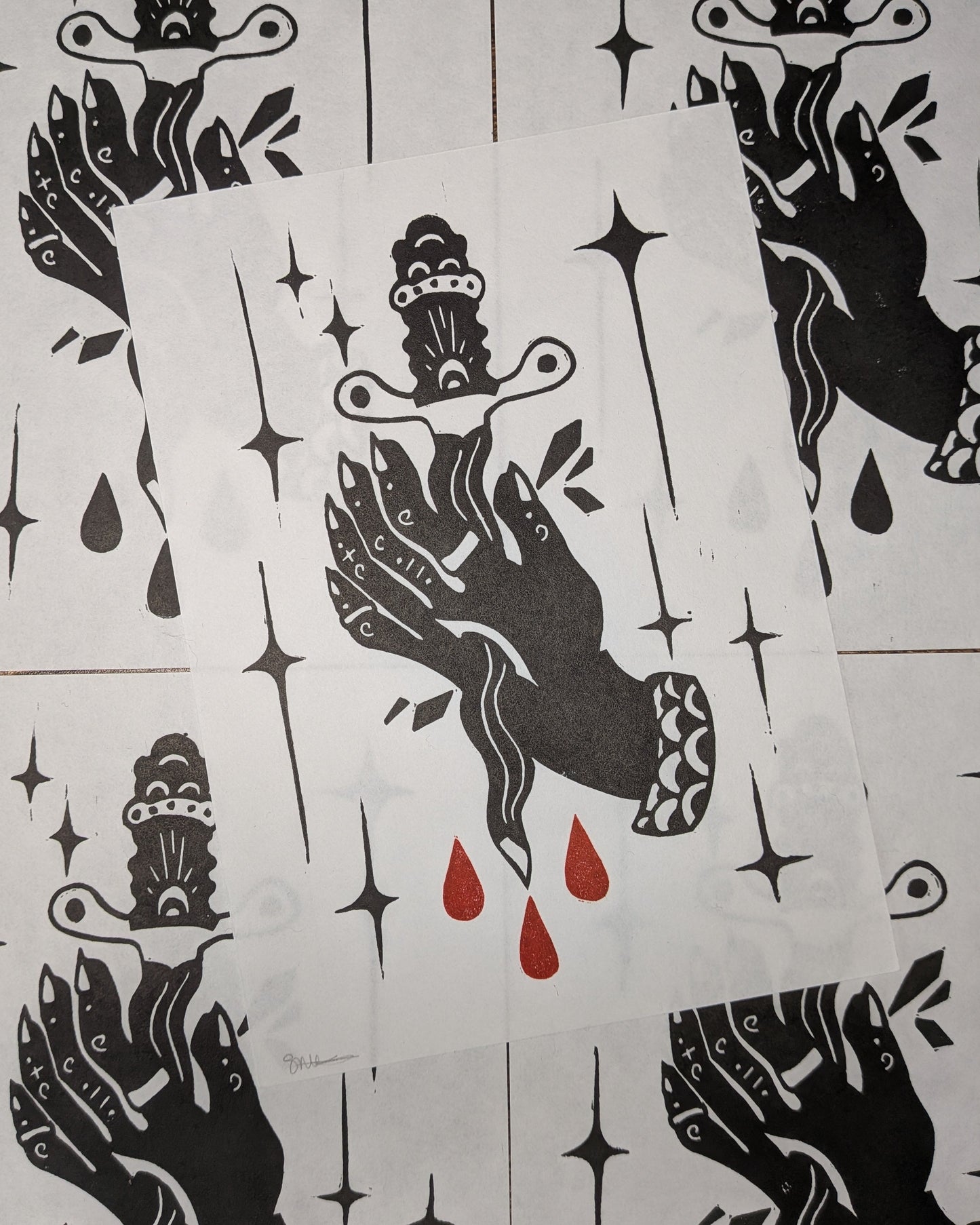 A Blade Through the Palm (Red Drops)